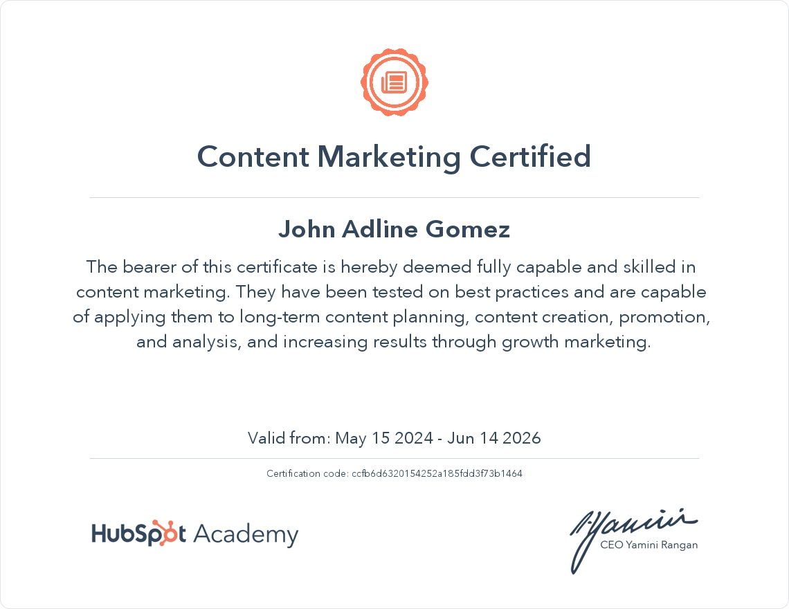 Hubspot Content Marketing Certification